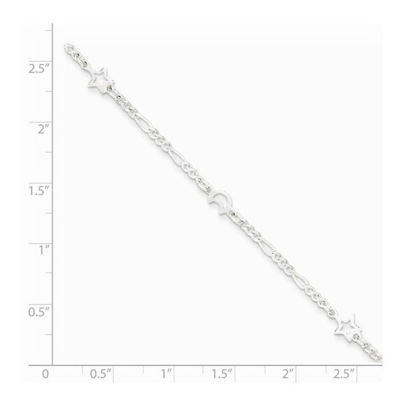 Sterling Silver Moon and Stars Figaro Adjustable Anklet, 9 Inch - Picture 2 of 4